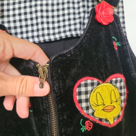 VINTAGE Tweety bird black velvet zip overall dress - Picture 10 of 11